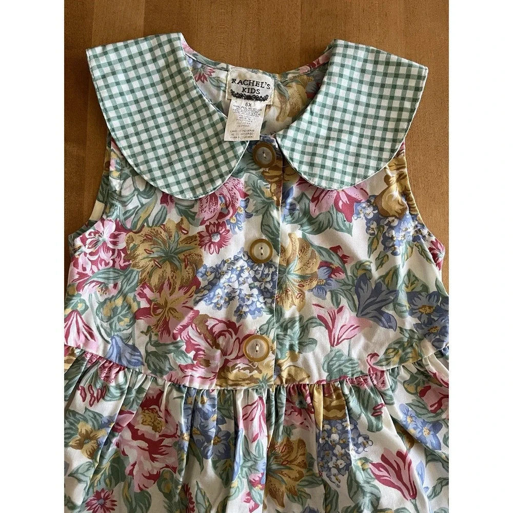 Vintage Rachel's Kids‎ Floral Gingham Peter Pan Collar Dress Sz 6X Green Plaid